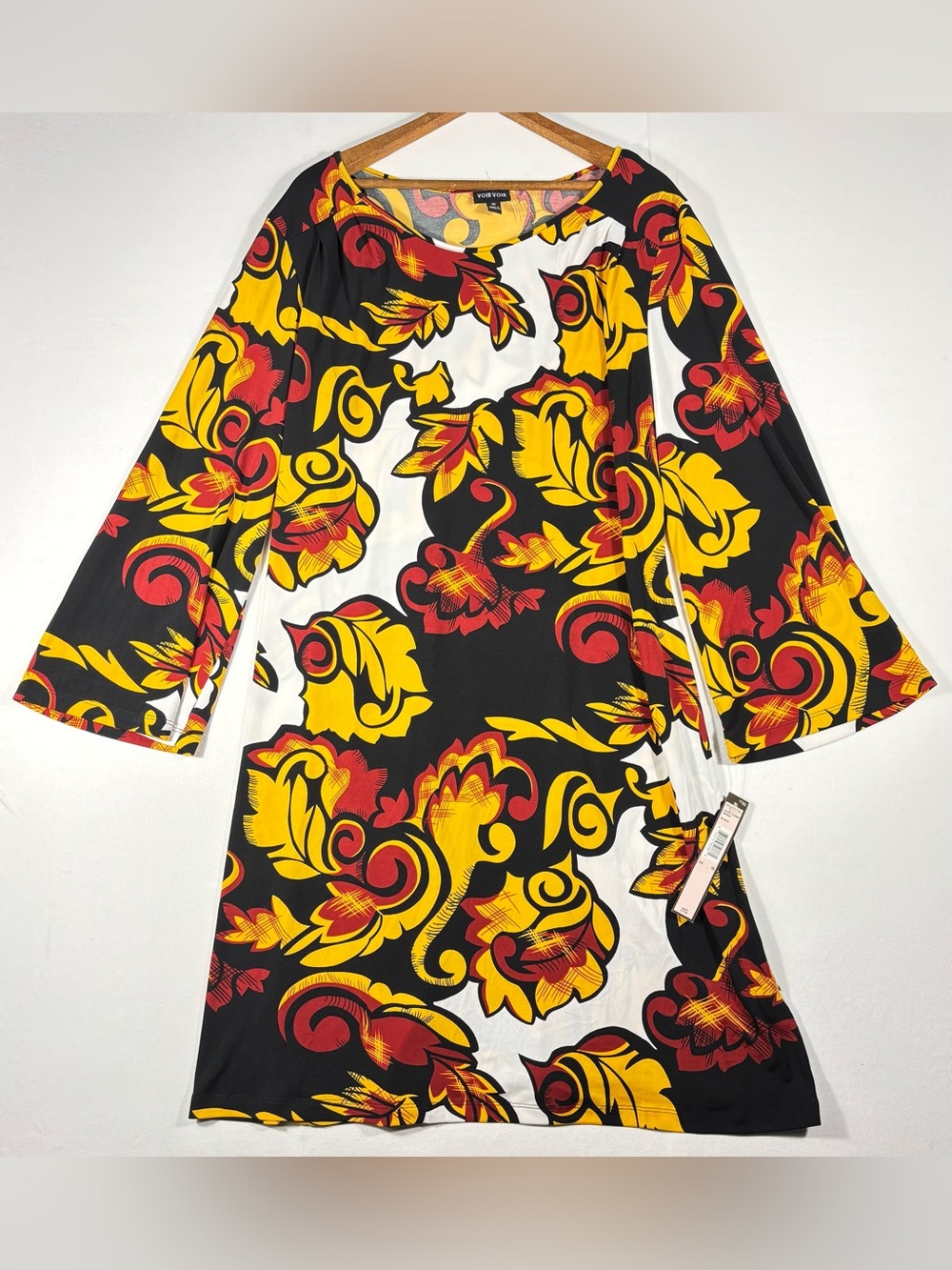 Voir Voir Women’s 16 Floral Print A-Line Dress in Black, Yellow & Red